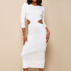 Lulus Oasis Bound Ivory Long Sleeve Cutout Sweater Midi Dress White - Size M